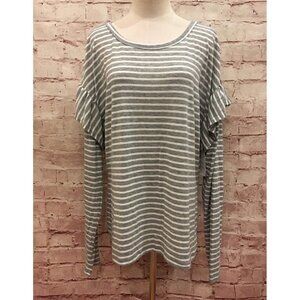 Time & Tru Ruffle Sleeve Long Sleeve Top Size L (12/14) Gray White Stripe NEW
